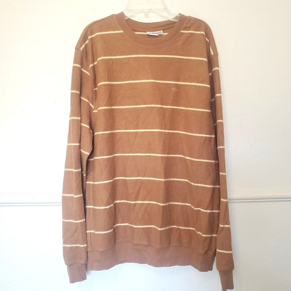 Katin Mens Striped Long Sleeve Crewneck Shirt Brown Cotton Terry Large RN 145195